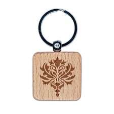Damask Pattern Engraved Wood Square Keychain Tag Charm