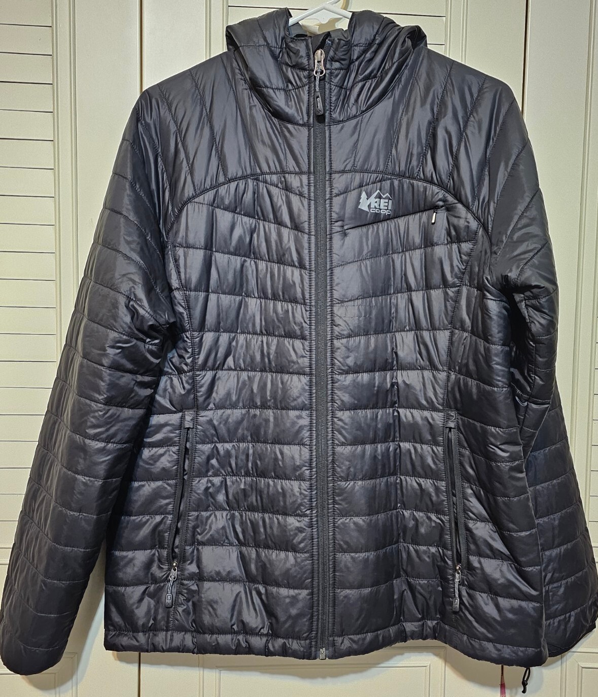 REI packable hooded puffer coat Womens Large Black Gem