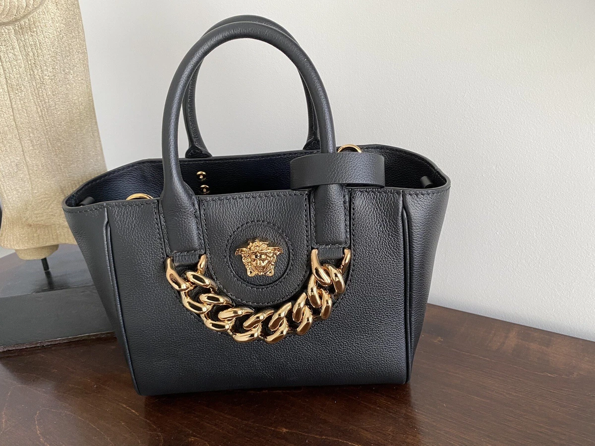 $2100 Versace La Medusa Black Leather Chain Crossbody Tote Bag New