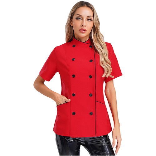 Women Jacket Contrast Color Coat Baking Tops Bakery Short Sleeve Soft Chef Cafe - Picture 18 of 95
