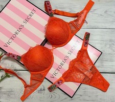 Victoria's Secret Shine Strap Bra Thong Set Bombshell Push Up Orange Hibiscus