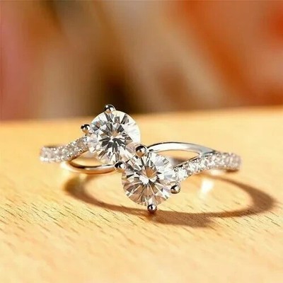 14K White Gold Finish 2.50 CT Real Moissanite Two Stone Bypass Engagement Ring