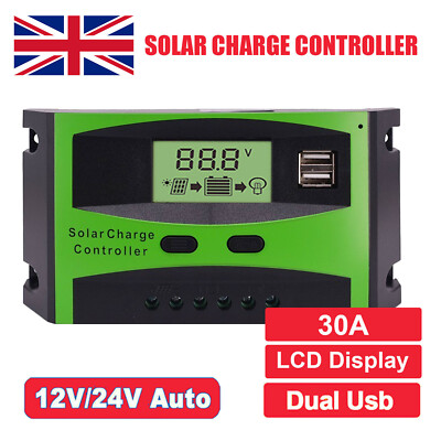 30A Solar Panel Battery Charge Controller 12V/24V LCD Regulator Dual ...
