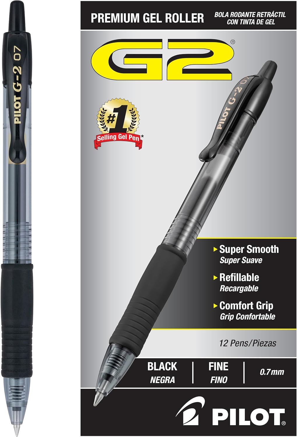 Pilot, G2 Premium Gel Roller Pens, Fine Point 0.7 Mm, Black, Pack of 12 (Dozen B