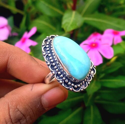 Larimar Gemstone 925 Sterling Silver Handmade Ring Jewelry All Size - Picture 1 of 4