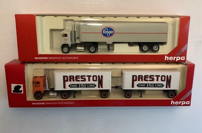 HERPA #6028  White Shorty Cab w/2-Preston 28' Trailers  H.O. & 6054 Kroger Tract