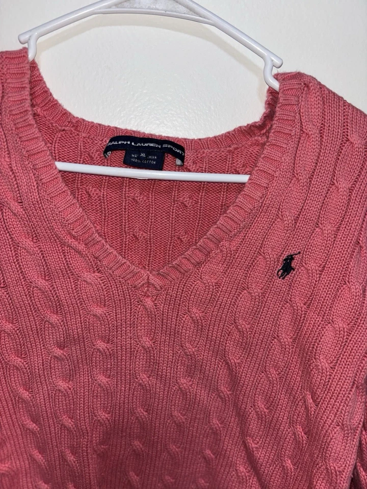 Suéter esportivo feminino Ralph Lauren XL rosa malha de cabo gola V algodão pônei vintage - Imagem 2 de 4