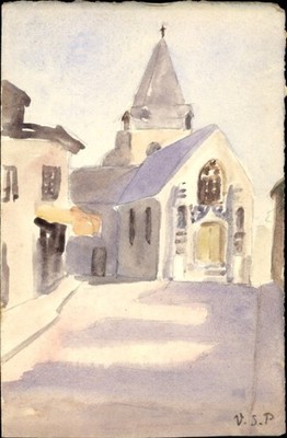 Handgemalt Künstler Ak Kirche, Straße, Haus - 4332086
