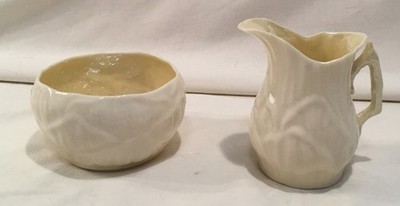 Antique Black Mark Belleek Lily Cob Lustre Handle Rim Irish Creamer Sugar