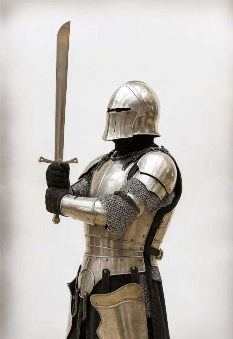 Armadura de caballero medieval forjada a mano: traje de acero completo, cospl...