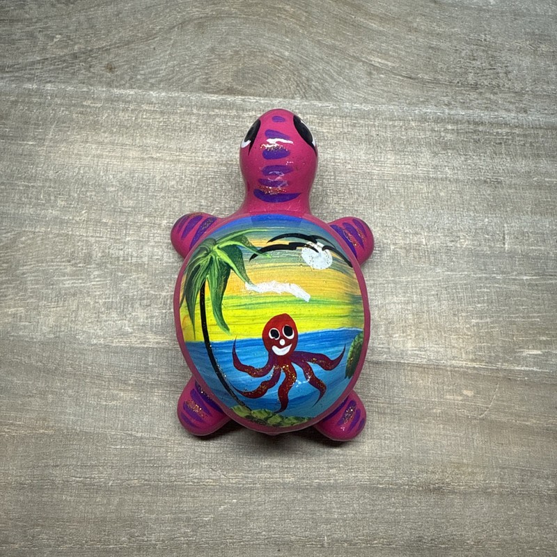 Mexico Talavera Hot Pink Turtle With Sea Scene Hand Painted Mexican Trinket Box