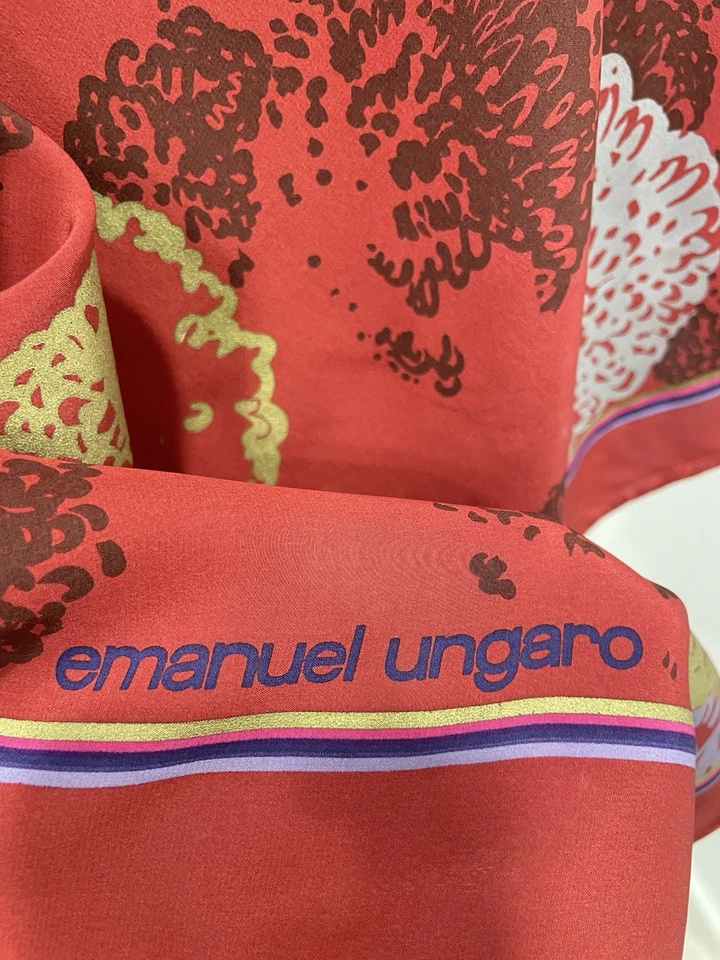Bufanda de seda Emanuel Ungaro roja multicolor estampado floral de puntos diseñador vintage #A66 Foto 4 de 4