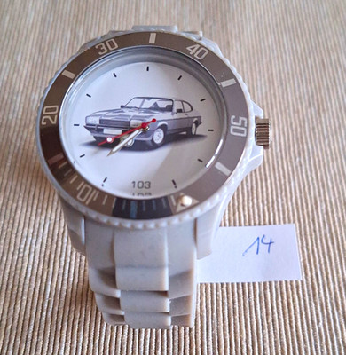 Quarz Armbanduhr Analog weiß/weiß Kunststoffband Auto Motiv graue Lünette 103