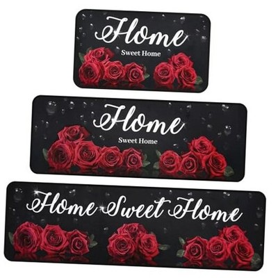 Red Floral Kitchen Mat Set of 3, Red and Black Kitchen Rugs Non-Skid Washable 