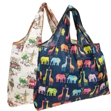Wrapables Eco-Friendly Large Nylon Reusable Shopping Bags Set of 2, London Zoo