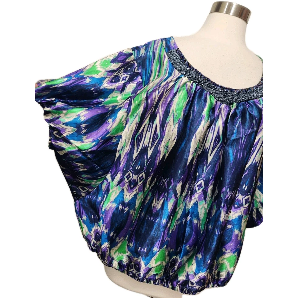 Lily White Womens Top 3X Blue Green Satiny Beaded Blouse Pullover Cinch Hem  - Image 4 of 4