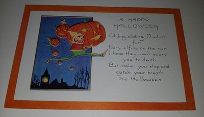 1920's WHITNEY HALLOWEEN POSTCARD GOBLINS/ELVES WITH FLOATING JOL