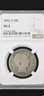 Barber Half Dollar Key Date 1892-O Silver AG 3 NGC 2167427-004