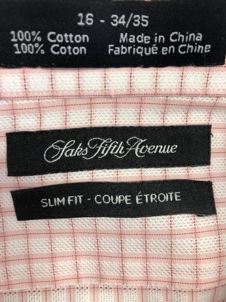 Saks Fifth Avenue Shirt Mens 16 34/35 Pink Check Slim Fit Cotton Dress - Image 3 of 4