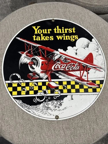 Vintage porcelain 10in COCA-COLA SODA POP AIR PLANE ADV. SIGN HEAVY