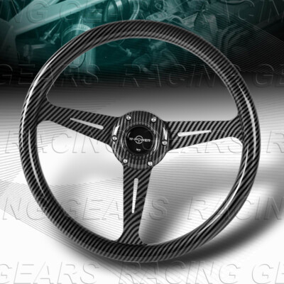 350MM CARBON FIBER LOOK 14-INCH W-POWER 2'' DEEP DISH SPOKE RACING STEERING WHEEL