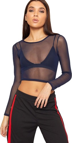 Womens Sheer Mesh Crop Top Ladies Long Sleeve Crew Neck Plain Stretch - Picture 15 of 35