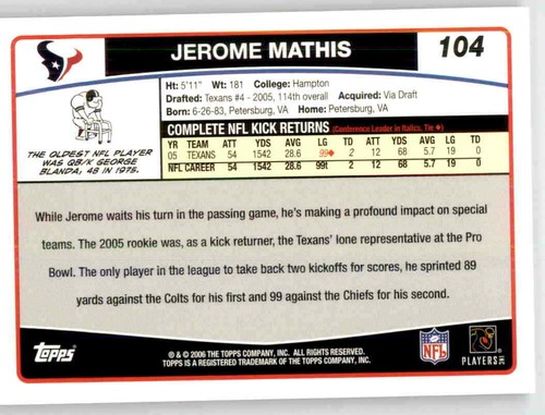 2006 Topps Jerome Mathis NFL Base Karte PWE Texans #104 - Bild 2 von 2