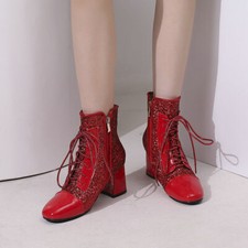 Women Sequins Ankle Boots Lace Up High Heels Square Toe Zipper Short Boots