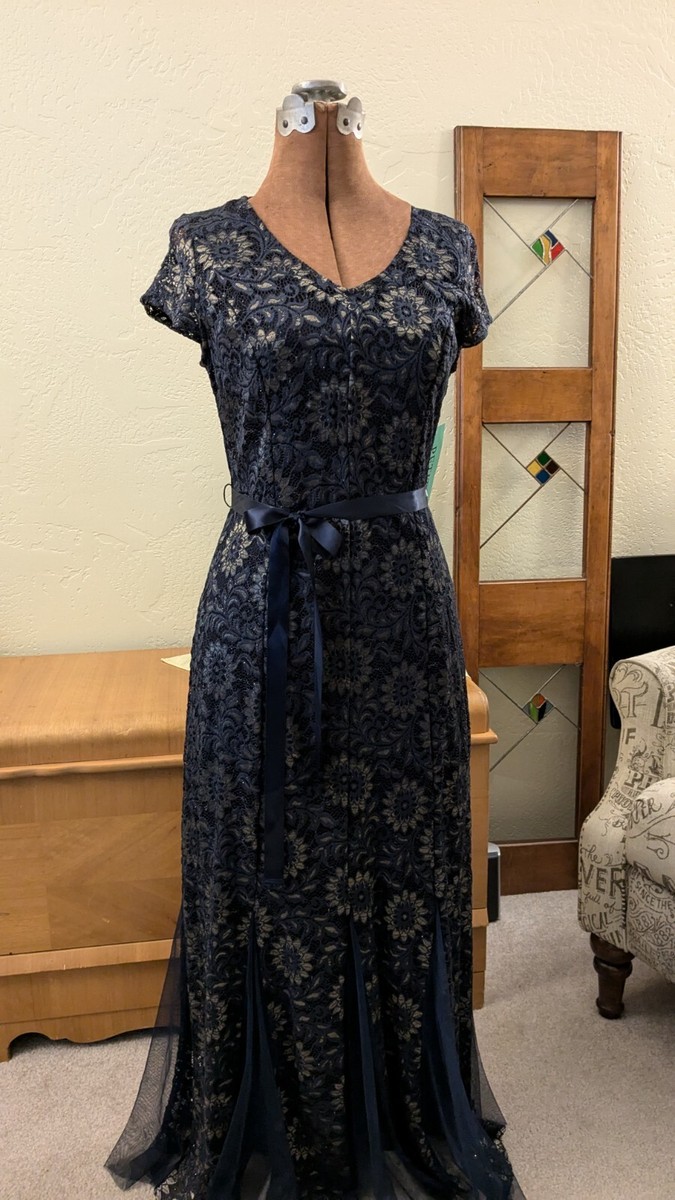 Vintage 30s look blue gold lace dress CANDALITE PETITE short sleeve net PM NWT Vintage 30s look blue gold lace dress CANDALITE PETITE short sleeve net PM NWT