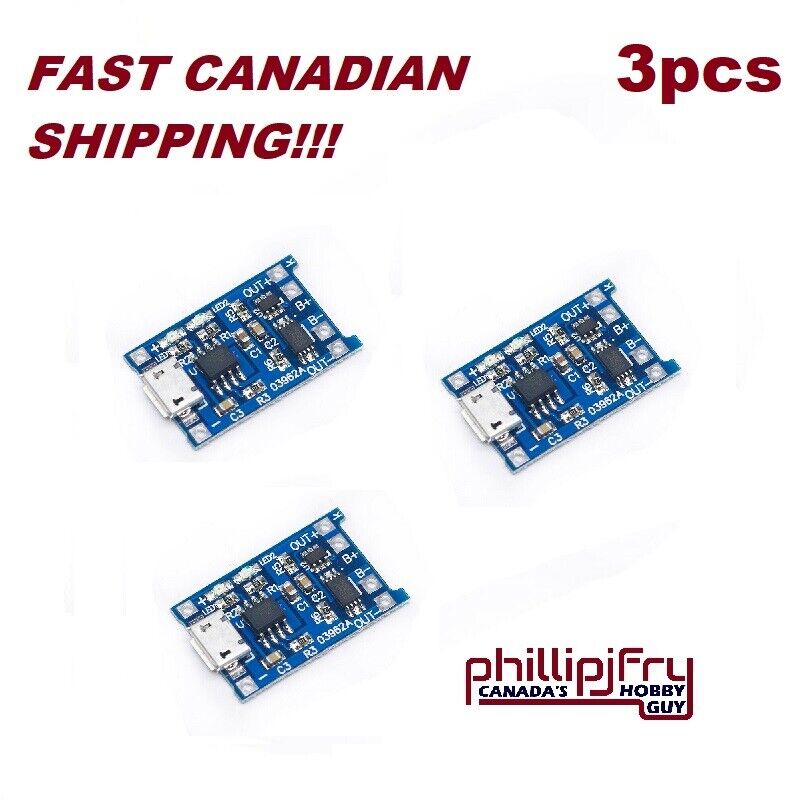 3PC x 3.7V Lithium Battery Micro Charger USB 5V 1A 18650 TP4056 Module. CANADA!!