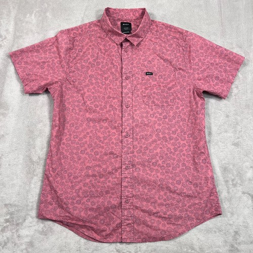 Camisa RVCA Para Hombre Mediana Rosa Geométrica Floral Calce Ajustado Manga Corta Abotonada