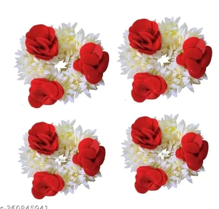 Paquete de 4 bandas para el cabello Gajra flores mogra rosa roja artificial Foto 4 de 4