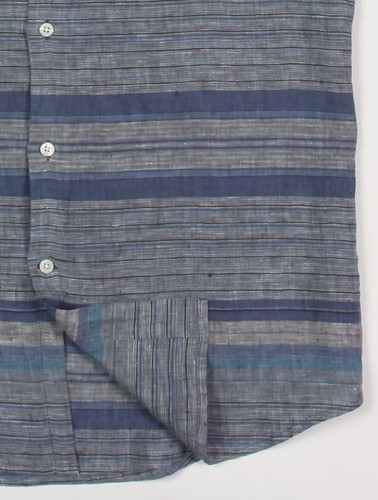 Men's PERRY ELLIS Linen Blue Gray Stripe Short Sleeve S/S Shirt L NWT NEW - Picture 4 of 5