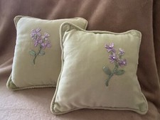 NEW 2 light green with purple flowers decorative floral cushions pillows 9" x 9"