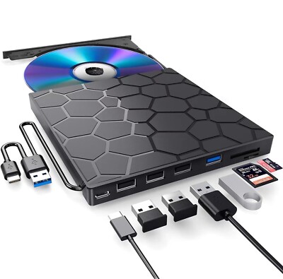 Externes CD DVD Laufwerk USB 3.0 Typ-C, Extern mit SD/TF-Kartenleser RW Brenner