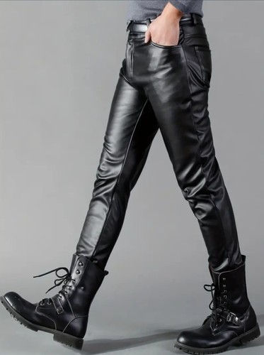 Pantalones de disfraz de club nocturno elásticos elásticos de imitación de cuero negro para hombre calce ajustado 32 - Imagen 9 de 13