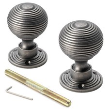 Pewter 50mm Beehive Rim Mortice Door Knobs Pair Set Reeded Internal New