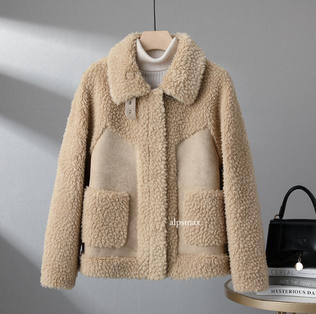 Winter Shearling Trench Coat Womens Motorcycle Lamb Fur Jacket Fashion Tops Warm