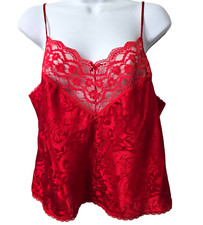 Vintage 80s Satin Cami Tank L 38 Lace Top Lingerie Camisole Floral Red USA Deena