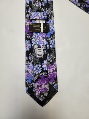 New BURMA BIBAS Black Purple Blue Silver Floral SATIN Silk Neck Tie ITALY #235