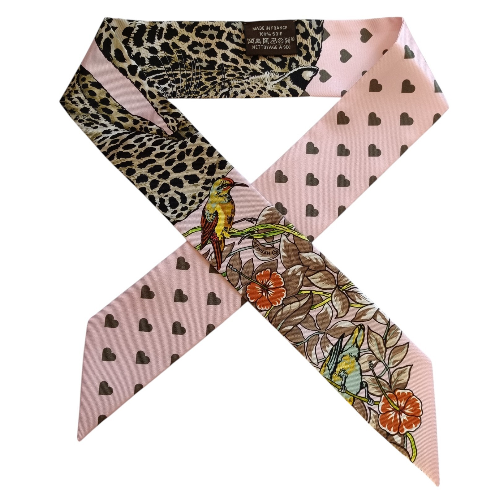 HERMES Twilly Silk 100% Scarf JUNGLE LOVE LOVE Pink Cleaned