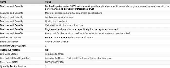 Juego de juntas de cubierta de válvula FEL-PRO para RAM 3500 V8-6,4 L 2014-2015 Foto 2 de 4