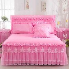 3PCS Princess Bedding Set Lace Ruffled Bed Skirt Pillowcases Bedclothes