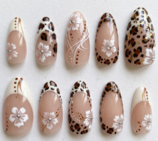 Leopard Print Press On Nails Almond  Glossy Gel X, White Floral Summer Manicure