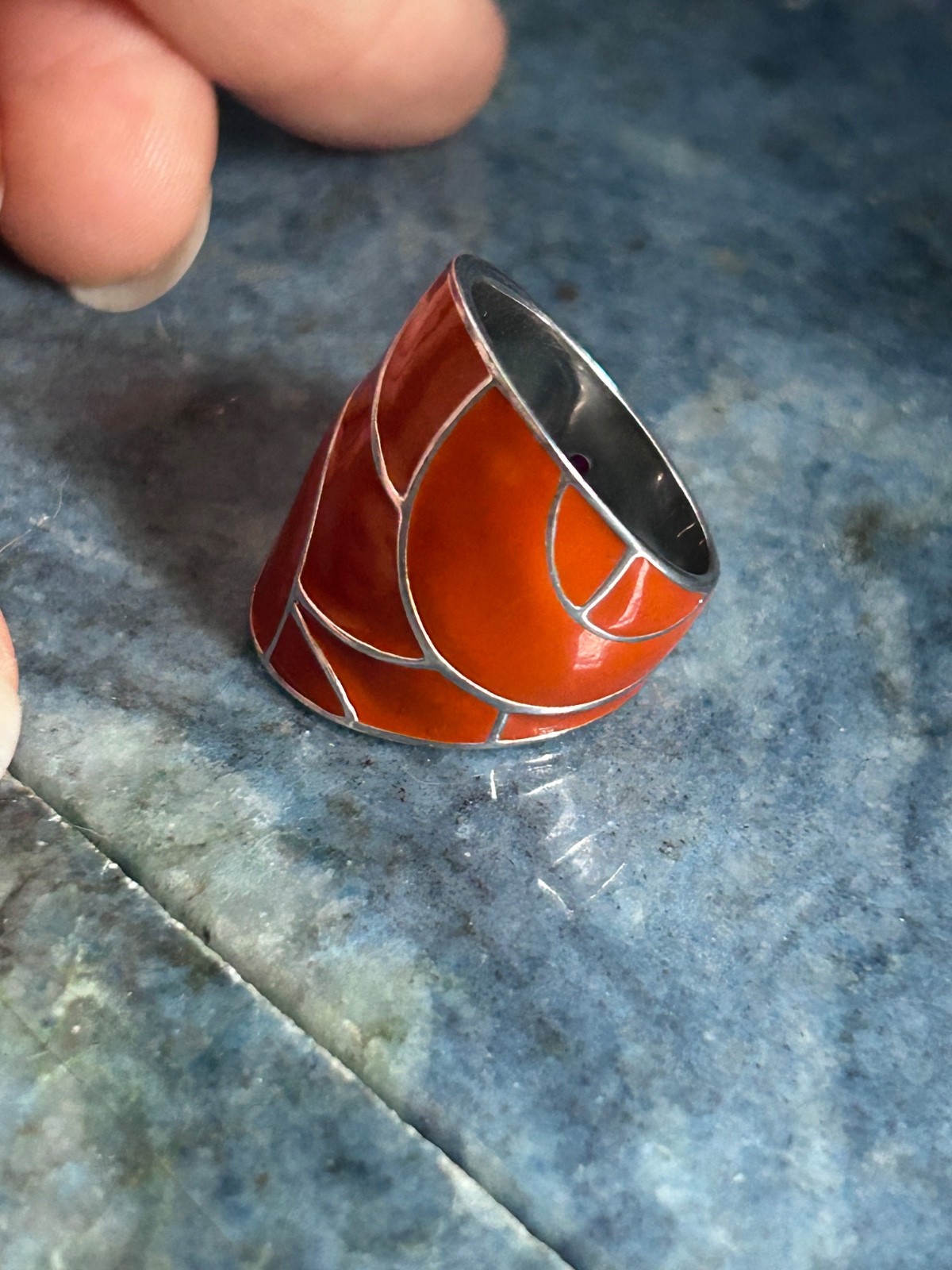 ELLE STERLING SILVER RUBY LARGE ORANGE ENAMEL GEO… - image 3
