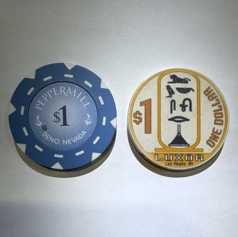 Lot of 2 $1 Casino Chips - Peppermill Reno NV & Luxor Las Vegas NV