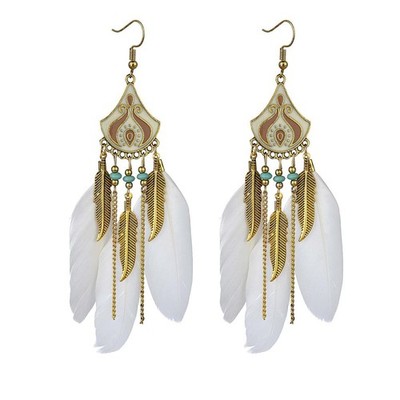 Boho Feather Earrings for Women Bohemian Black White Red Fringe Tassel Long Drop