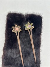 Wood Women's Furisode HAIR STICK PIN Set Of 2 ORNATE Beading  Metal Work 6"