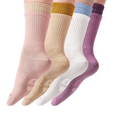 Pilates Socks for Women   Non Slip Grip Crew Socks (4 Pairs) for Pilates,