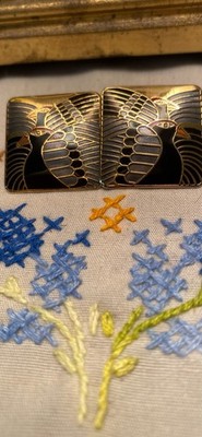 Vintage Laurel Burch Gold Tone And Enamel Moon Doves Earrings